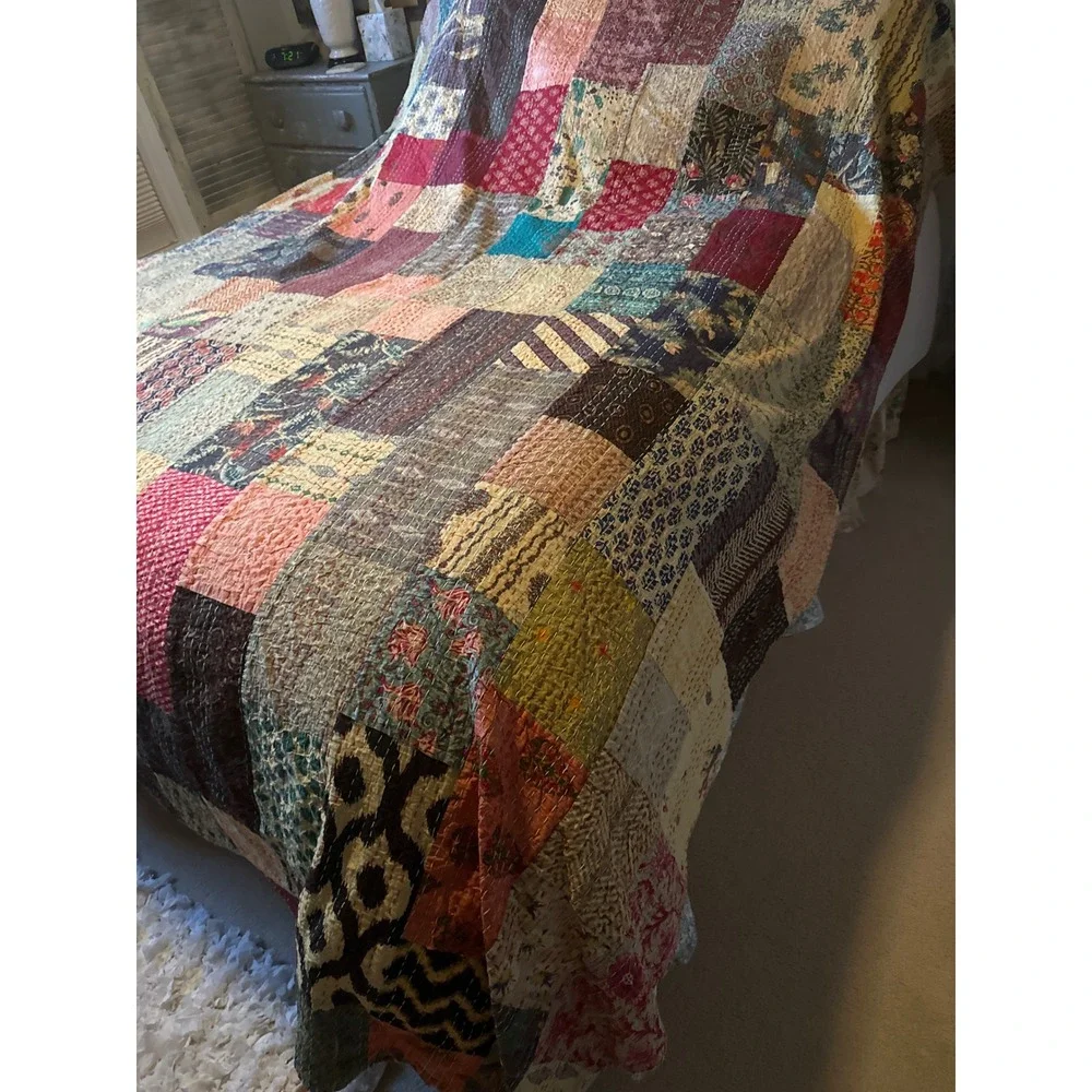 Handmade Kantha Quilt Patchwork Cotton Bedspread Multi Color Hand Stitched
